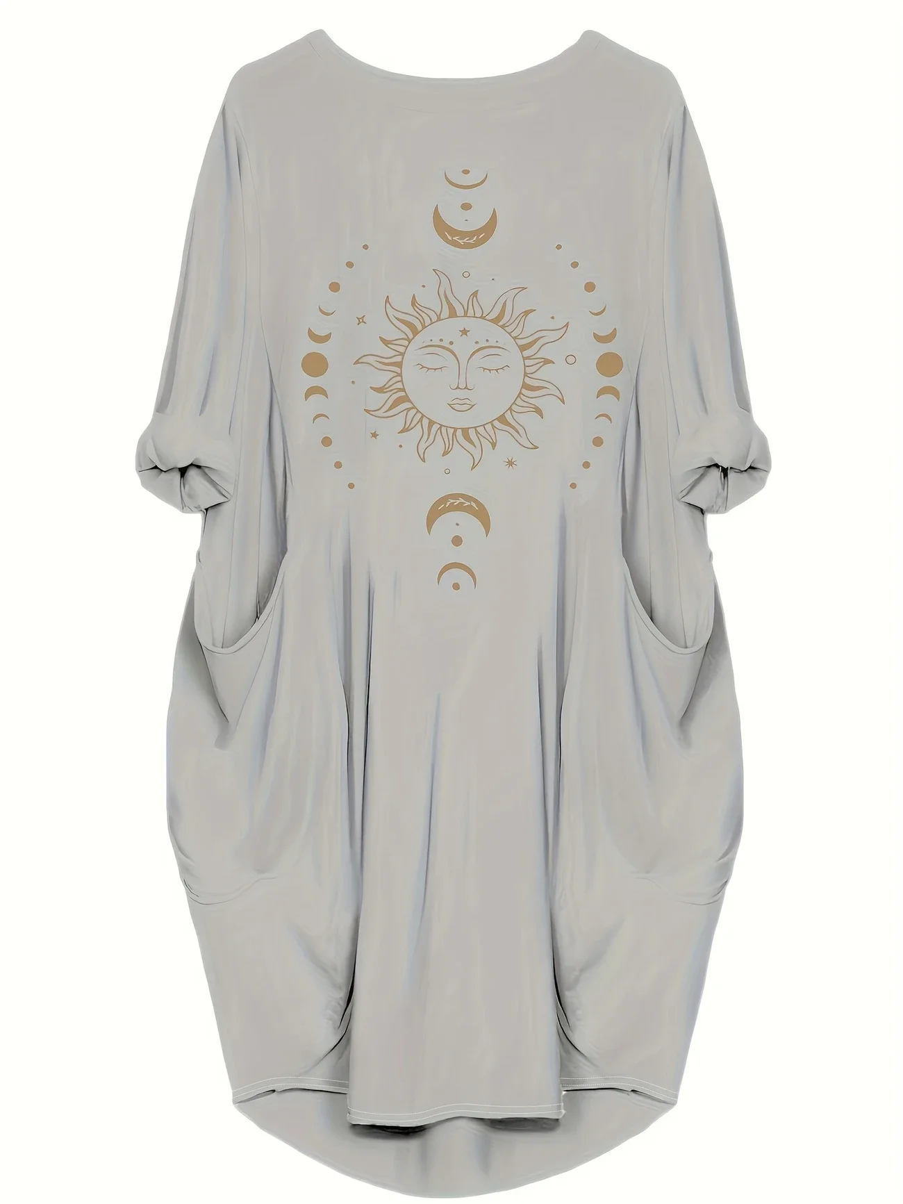 플러스 사이즈 1XL-5XL 여성 캐주얼 달 & 태양 프린트 비대칭 밑단 드레스 숙녀 캐주얼 루즈 스타일 우아한 크루 넥 드레스