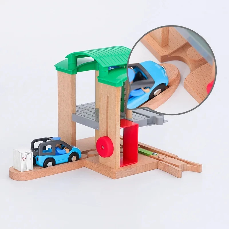 Wooden Railway Track Accessories Train Station Traffic Center Double Layer fit for All Brand Wooden Tracks Toys For Kids