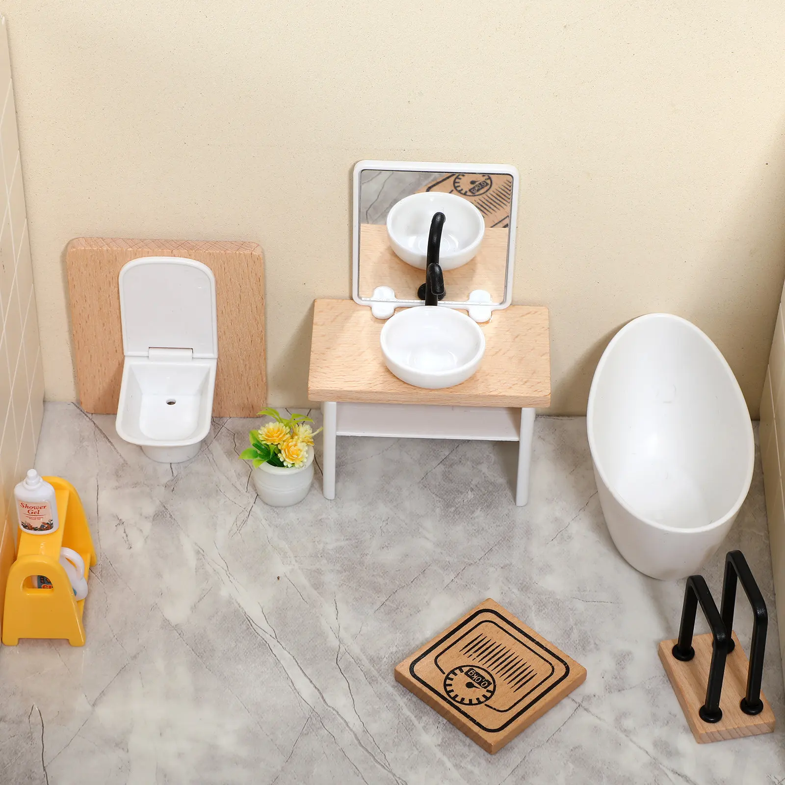 

Набор реалистичной миниатюрной мебели для кукольного домика в масштабе 1:12: раковина, унитаз, ванна, шкаф. Детализированная работа.