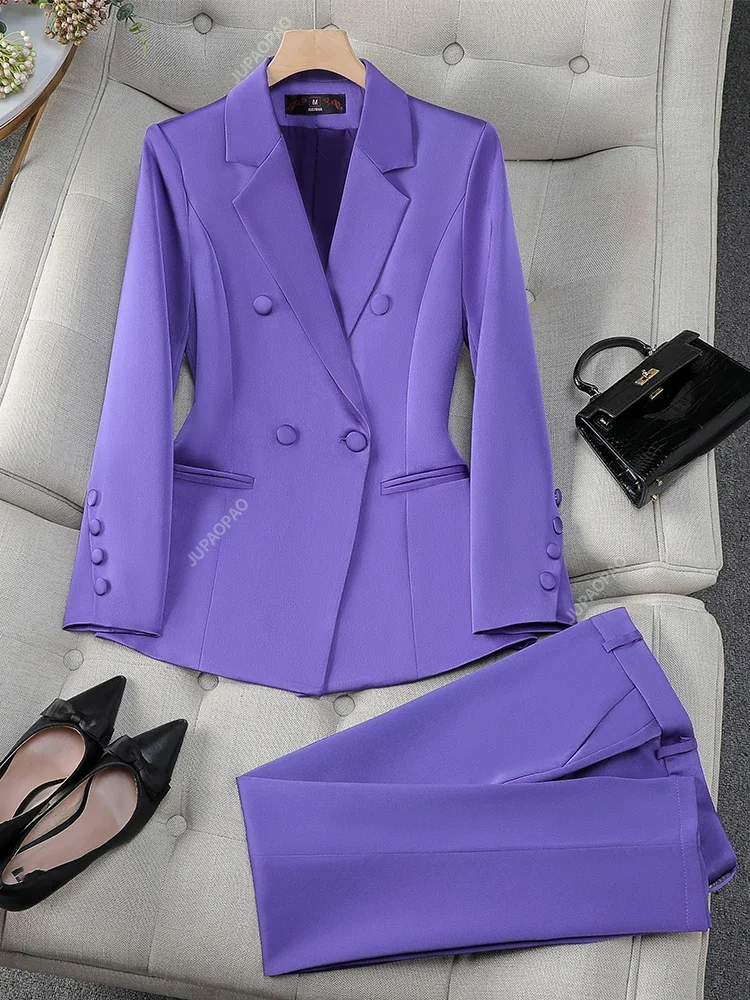 Fashion Office Ladies Formal Pant Suit Set Women Blue Pink Yellow Female Business Work Wear 2 Piece Blazer Jacket And Trouser