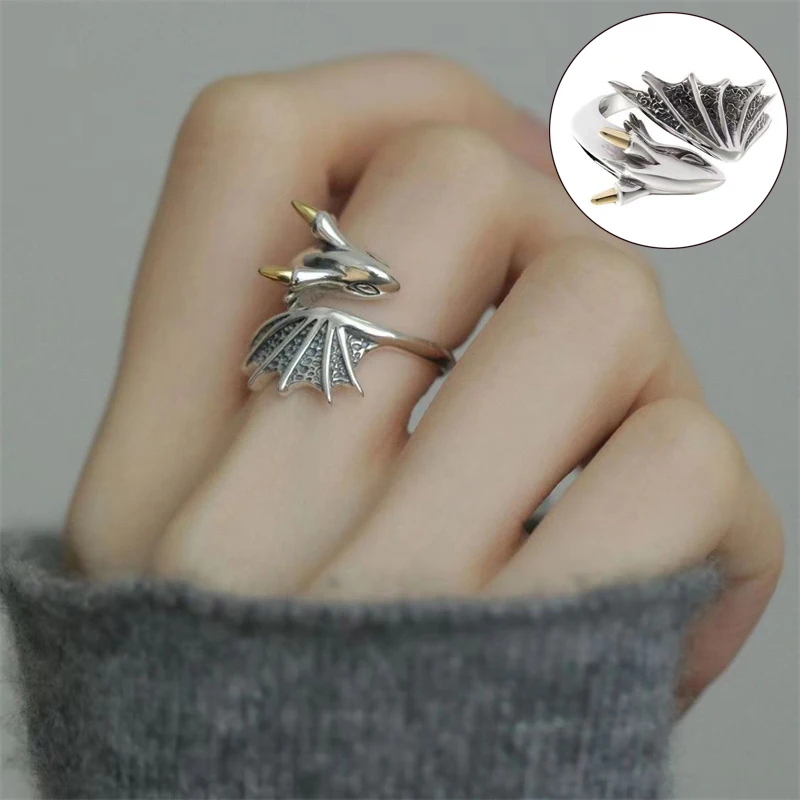 Retro Small Flying Dragon Ring Non-Fading Personality Hip Hop Open Adjustable Ring For Men Exquisite Vintage Jewelry