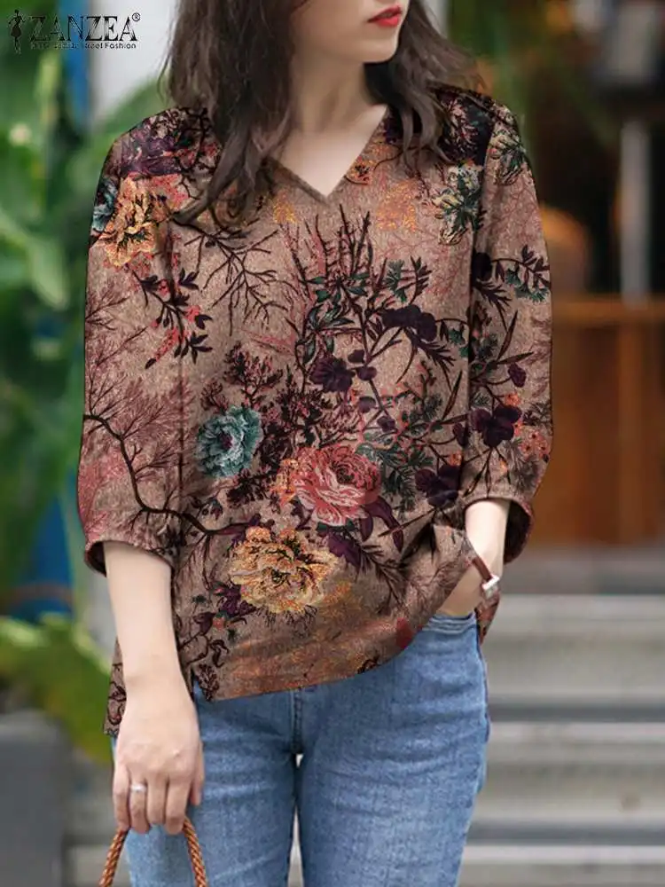 ZANZEA 2023 Women Blouses Summer Autumn Bohemian Three Quarter Sleeve Floral Printed Blusas Casual Tops Tunic Cotton Blouse