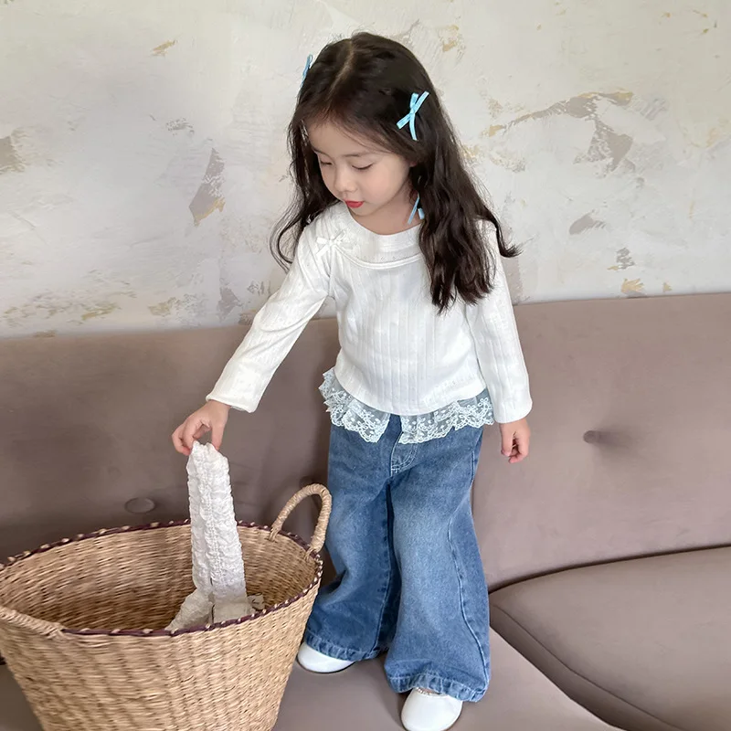 Baby Girls Pants Fashion Lace Loose Straight Jeans 2024 Autumn New Korean Style Childrens Wide Leg Pants