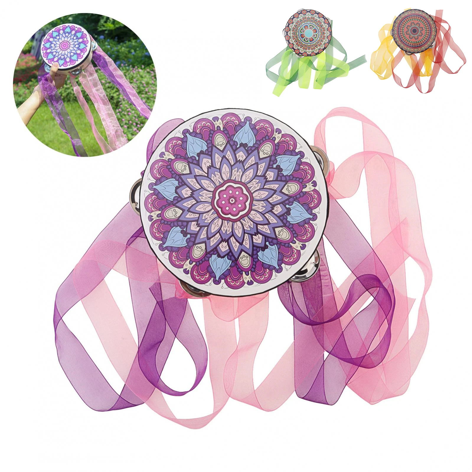 6 Inch Single Row Jingles Flowers Pattern Ribbon Tambourine for Arty Music Dance Stage Show with Colorful Ribbons Hand Drum