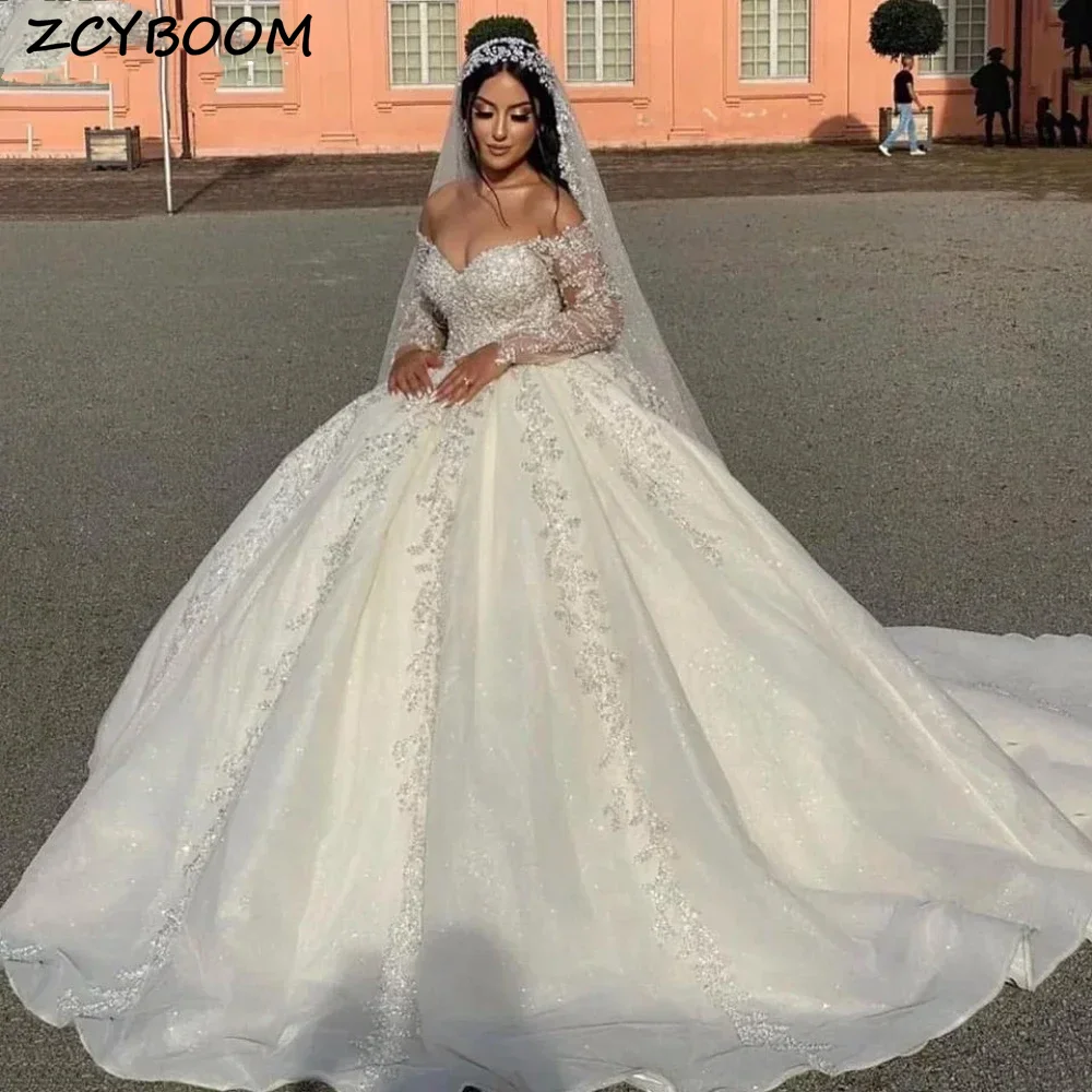 Suknia ślubna balowa luksusowa na zamówienie, seksowny dekolt w łódkę, błyszczące cekiny, koronkowe aplikacje, księżniczka, suknie ślubne Vestido De Noiva