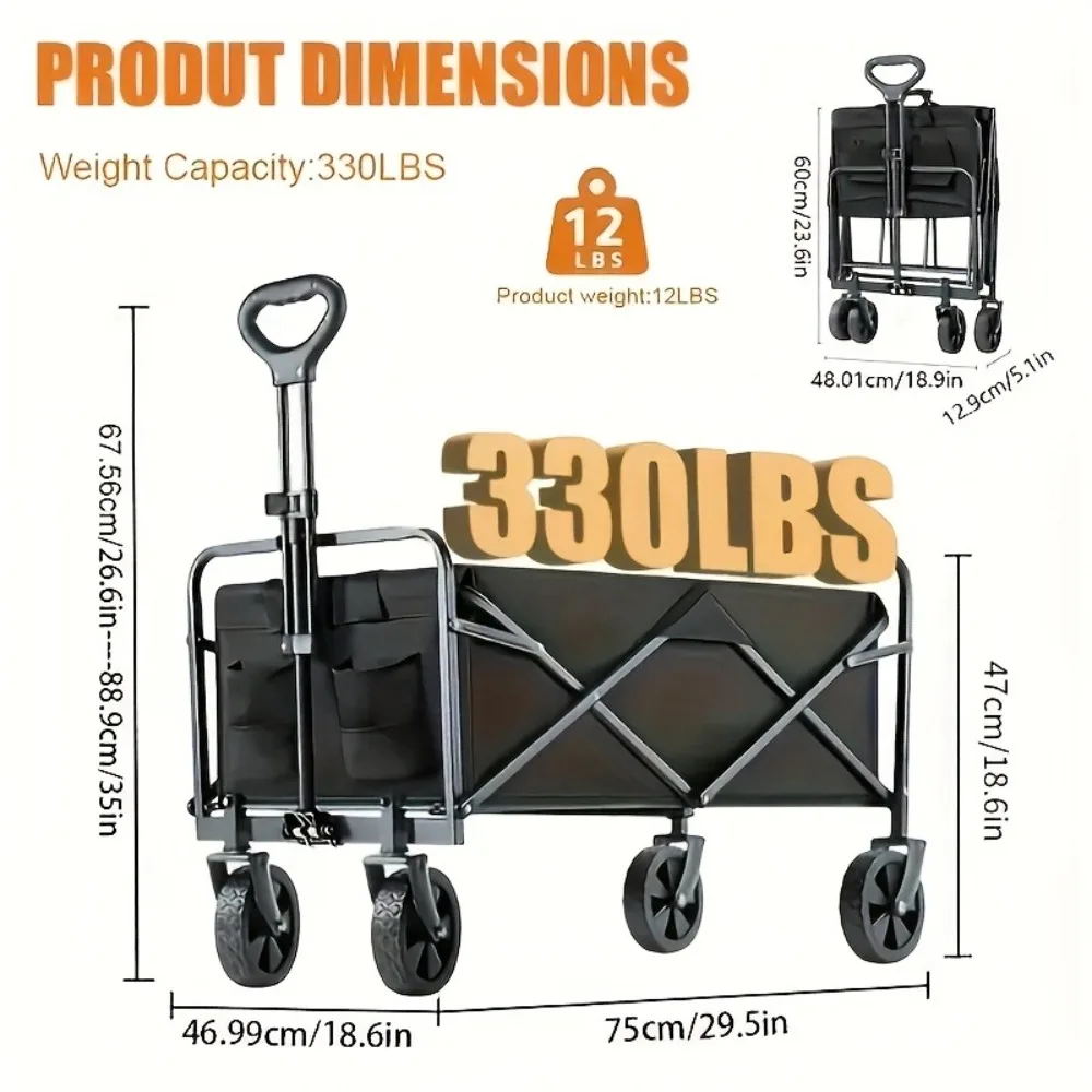 Multi-functional Practical Outdoor Utility Wagon Heavy Duty Metal Frame Foldable Rolling Transport Trolley Large Load Bearing Multi Storage Multi-scene Hand Carrier Cart For Warehouse Logistics Commercial Hauling Travel Camping Garden Shopping