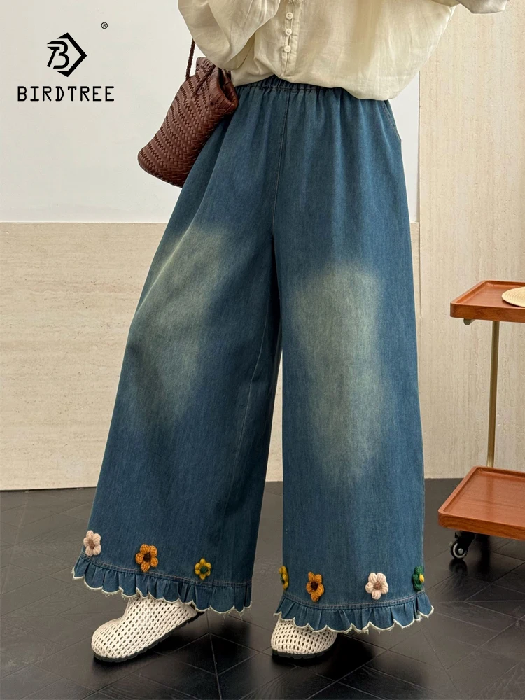 

New 2026 Summer Women Denim Trousers, Elastic Waist 3D Floral Embroidery, Mori Girl Fashion Sweet INS Wide-leg Jeans B64189CC