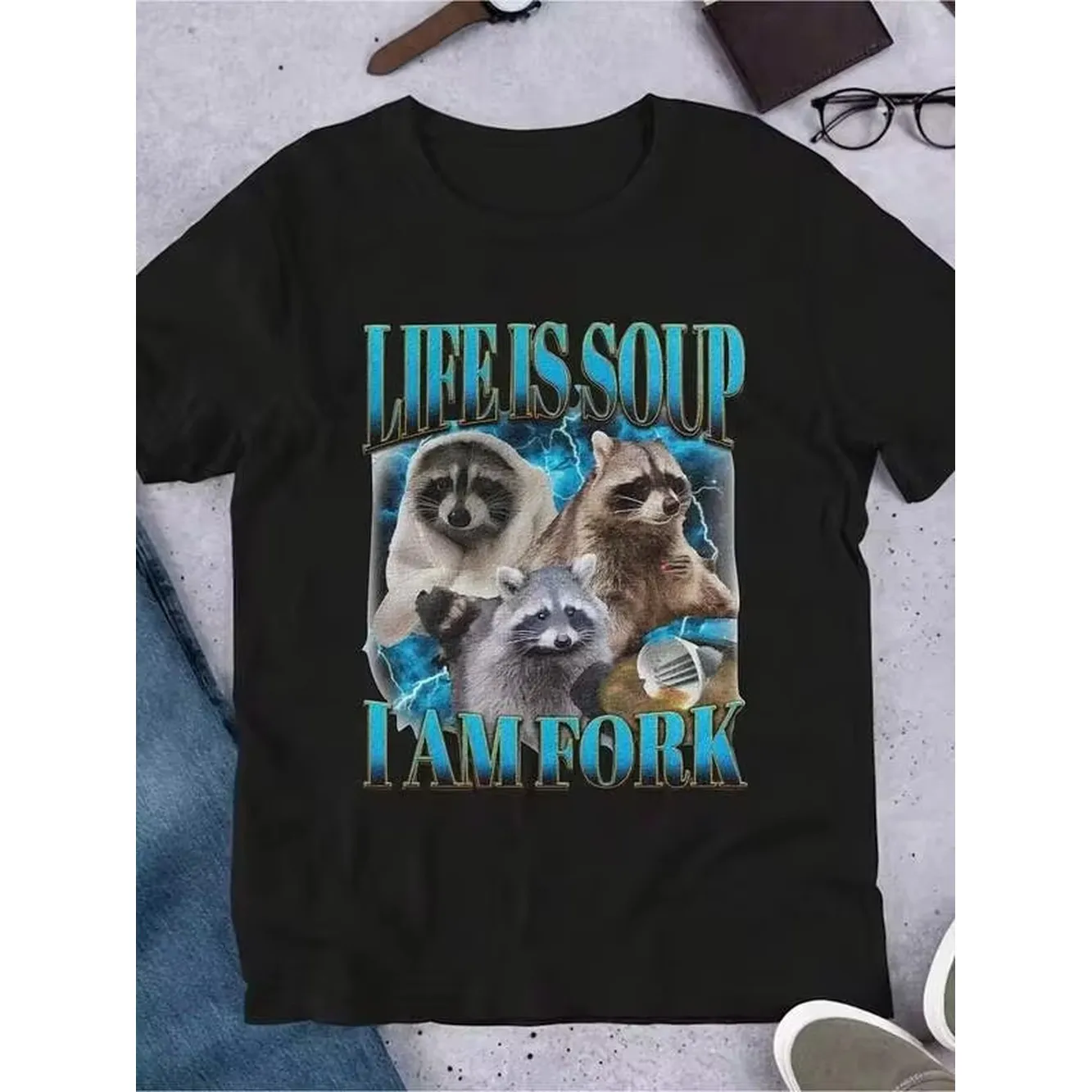MKONGCOSTUME Men Casual Raccoon Print T-ShirtLife Is Soup GraphicShort SleeveCrew NeckLightweight Summer Tee With Playful Raccoon Desig
