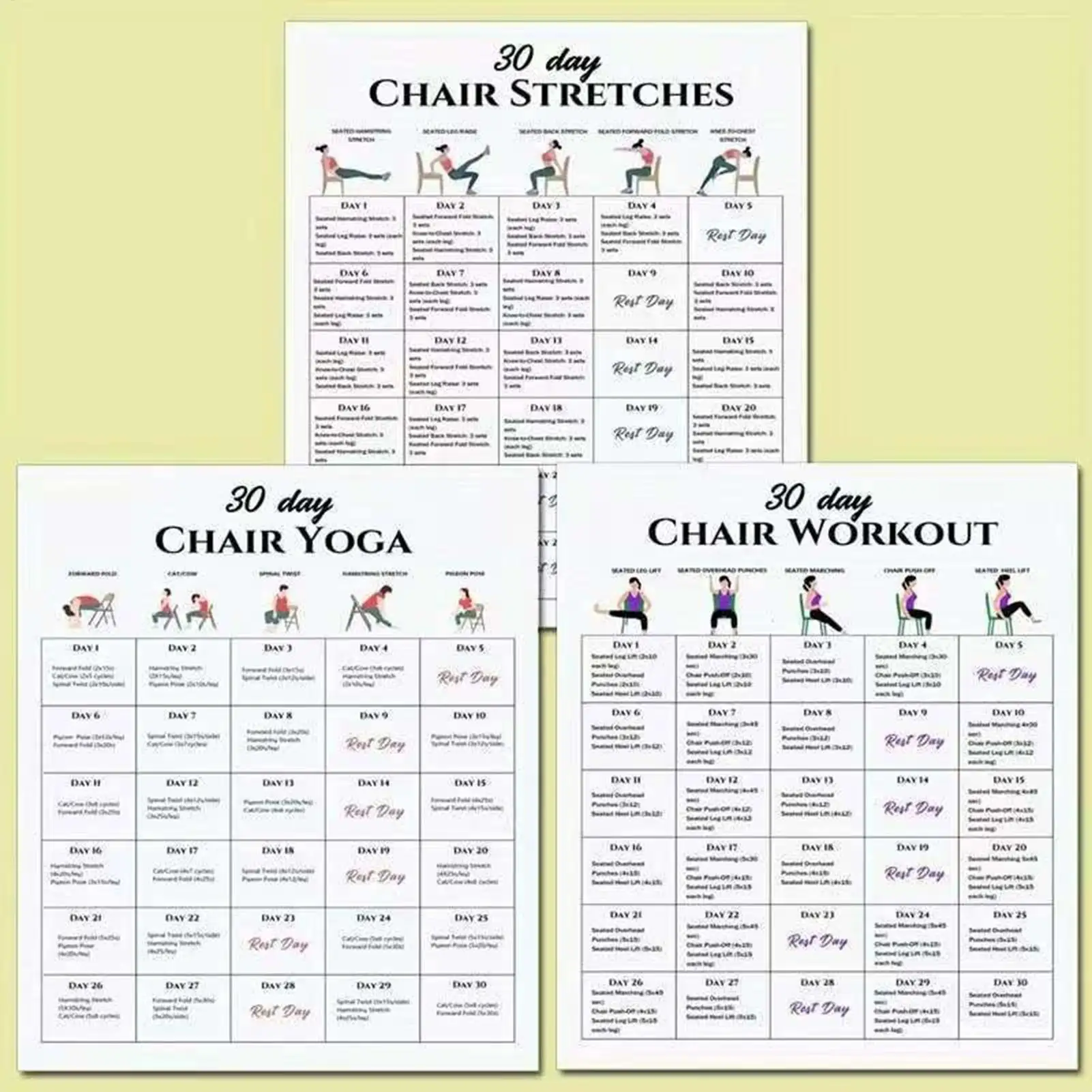 6pcs Fitness Posters 30-Day Chair Exercises Plan Posters For Seniors Yoga Seated Postures Exercise Charts For Morning Sports
