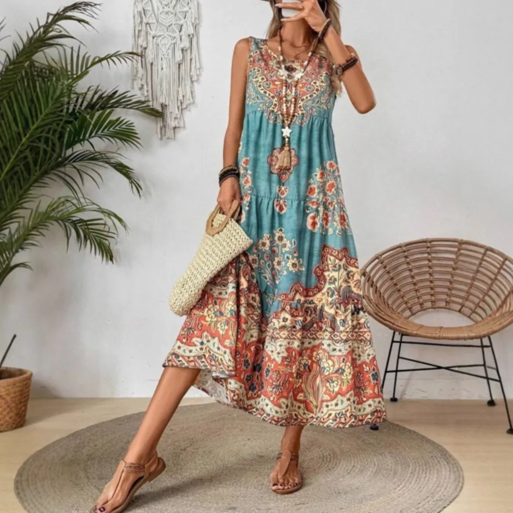 2025년 유행 보헤미안 슬리브리스 V넥 플로럴 프린트 드레스 우아한 여름 휴가 선드레스