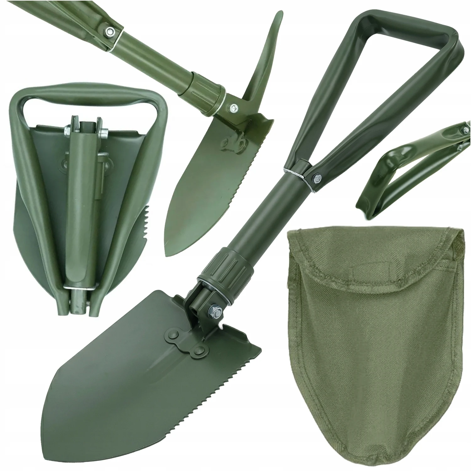 Opvouwbare overlevingsschop Militair kampeer-multitool, compact tactisch graafgereedschap met houweel en gekarteld zaagblad, roestbestendig stalen lemmet, draagtas inbegrepen, 47 cm uitgeklapt, 20 cm
