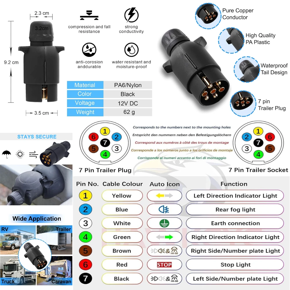 Durable 7 Pin 13 Pin Plug Trailer Truck Towing Electrics 12V Connector EU Plug Professional Replacement For Car Truck Caravan