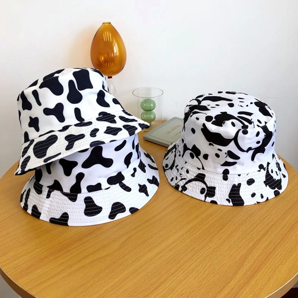 

Ladies Sun Hat Visor Bucket Hats for Woman Cow Design Anti-UV White Cotton Summer