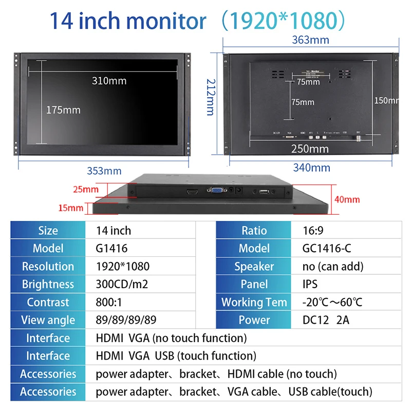 Imagem -06 - Zhixianda-monitor de Frame Aberto 14.1 Polegada 1920x1080 sem Função de Toque Display Industrial Vga Hdmi Interface Usb para Equipamentos