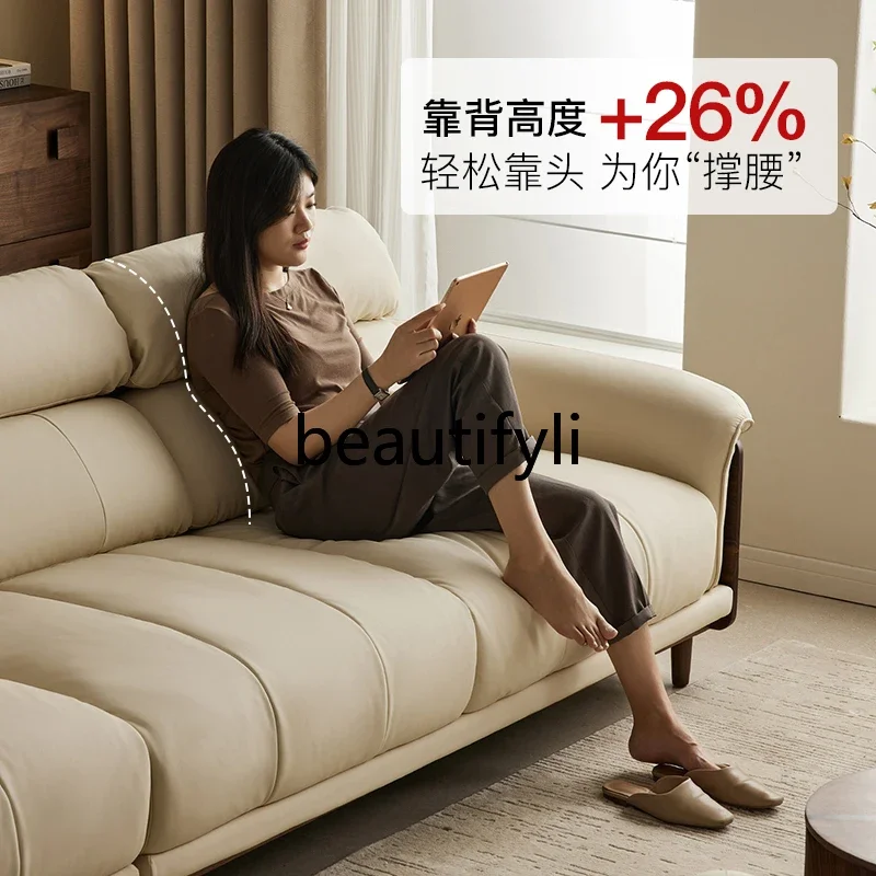 Black walnut sofa solid wood cream wind leather three-person sofa