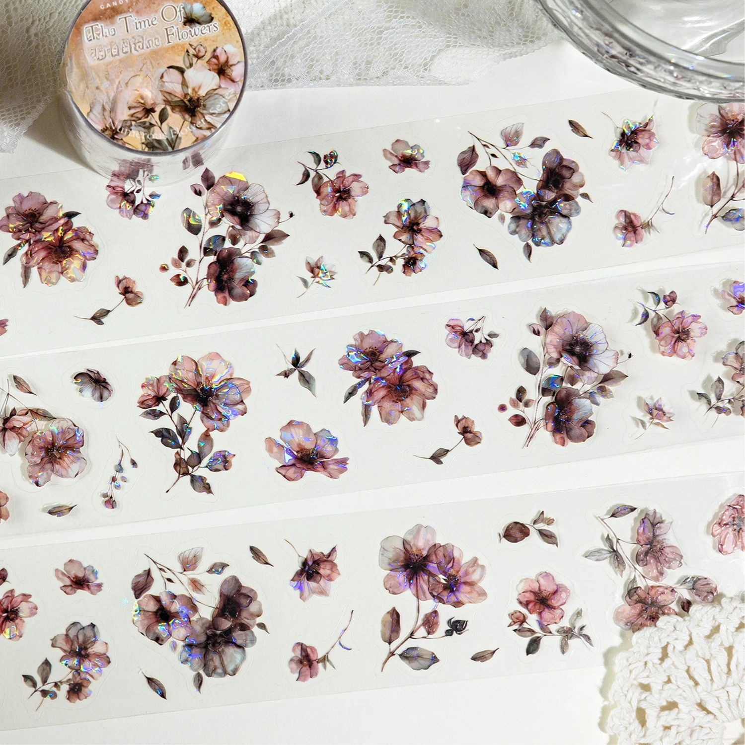 1 Roll Floral Series Ice Crystal PET Die-Cut White Ink Washi Tape, Decorative Collage Tape for Journal Scrapbook DIY Crafts