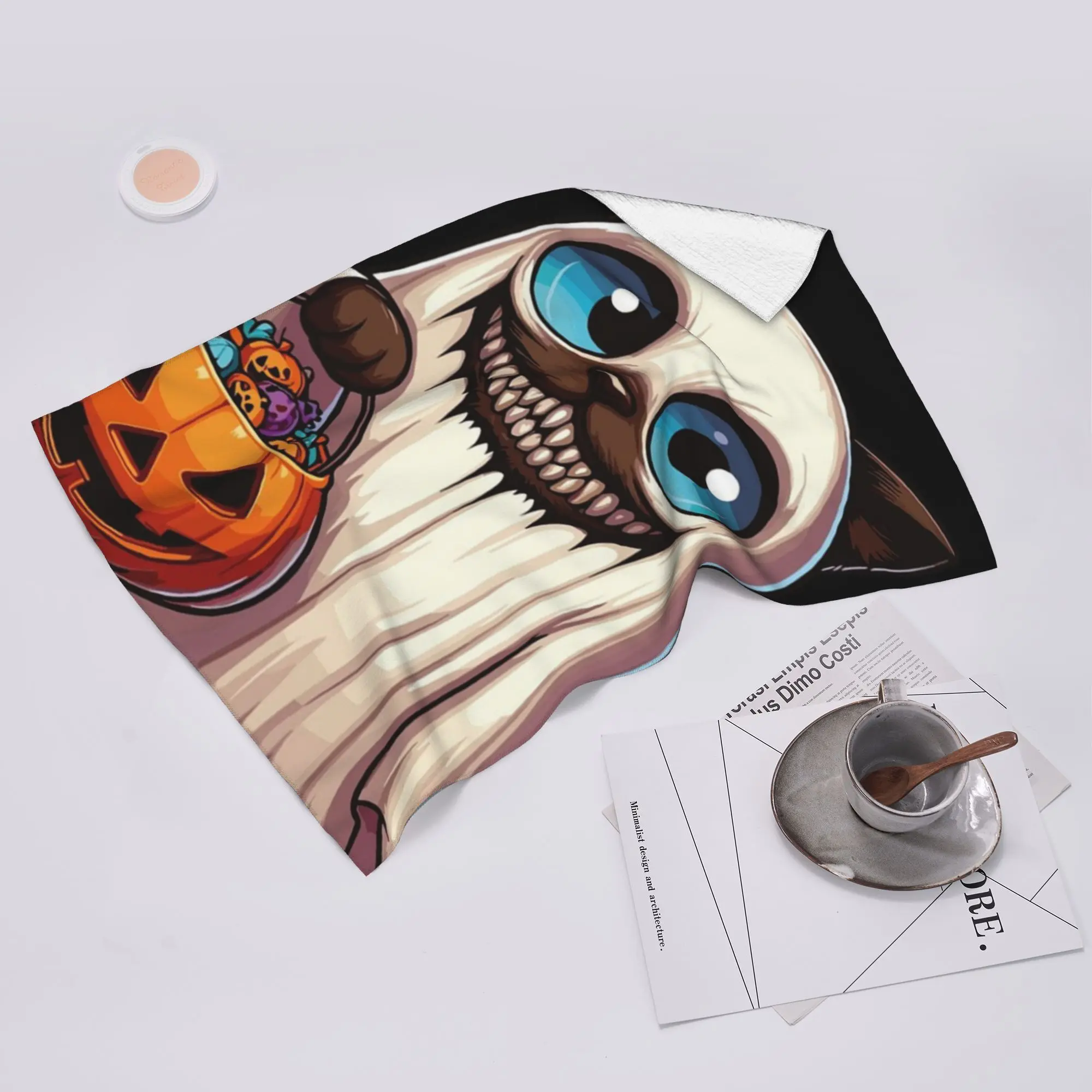 Custom Siamese Cat Scary Halloween Ghost Spooky Pumpkin Candy Soft Face Towel Quick Dry Pool Bath Cotton Towels Breathable