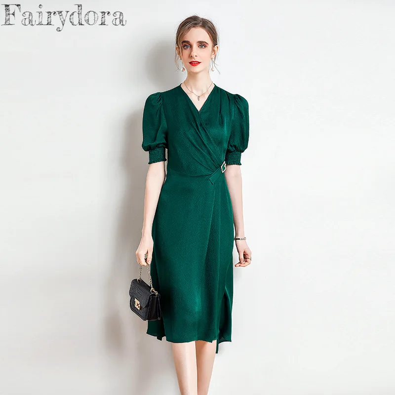 Elegant Pure Silk Dress for Women, 100% Mulberry Silk, V-Neck, Short Lantern Sleeve, Elastic Waist, Solid Bodycon Midi Dress