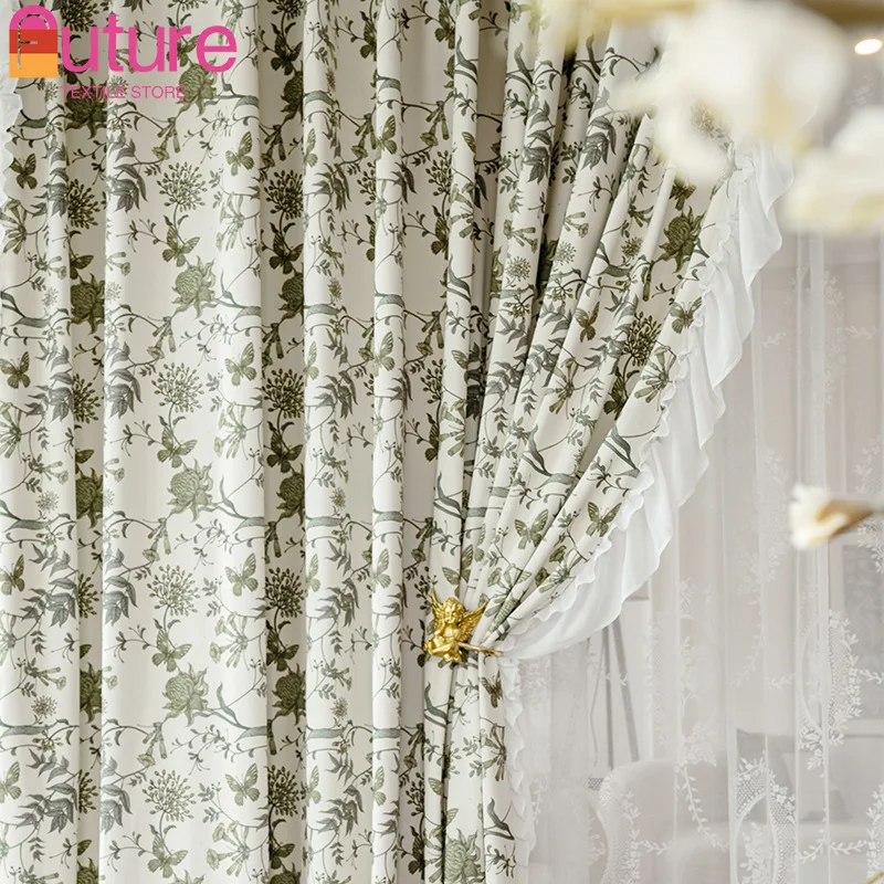 

French Velvet Printing Cream Lace Lace Curtains for Living Room Bedroom French Window Balcony Window Customized Decoration