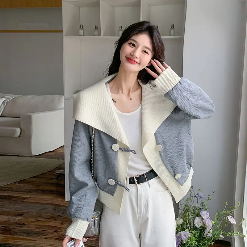 Short Coat With Contrasting Color Stitching Large Lapel For Women Early Spring And Autumn 2024 New Korean Style Casual Loose Top