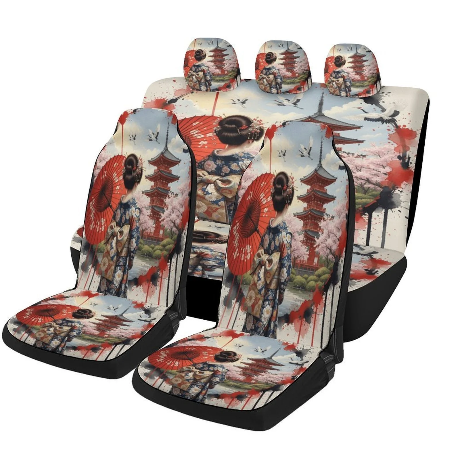 Car Seat Cover Set Featuring A Geisha And Pagoda Design, Suitable For Various Vehicles. Stylish And Durable, This Complete Set I