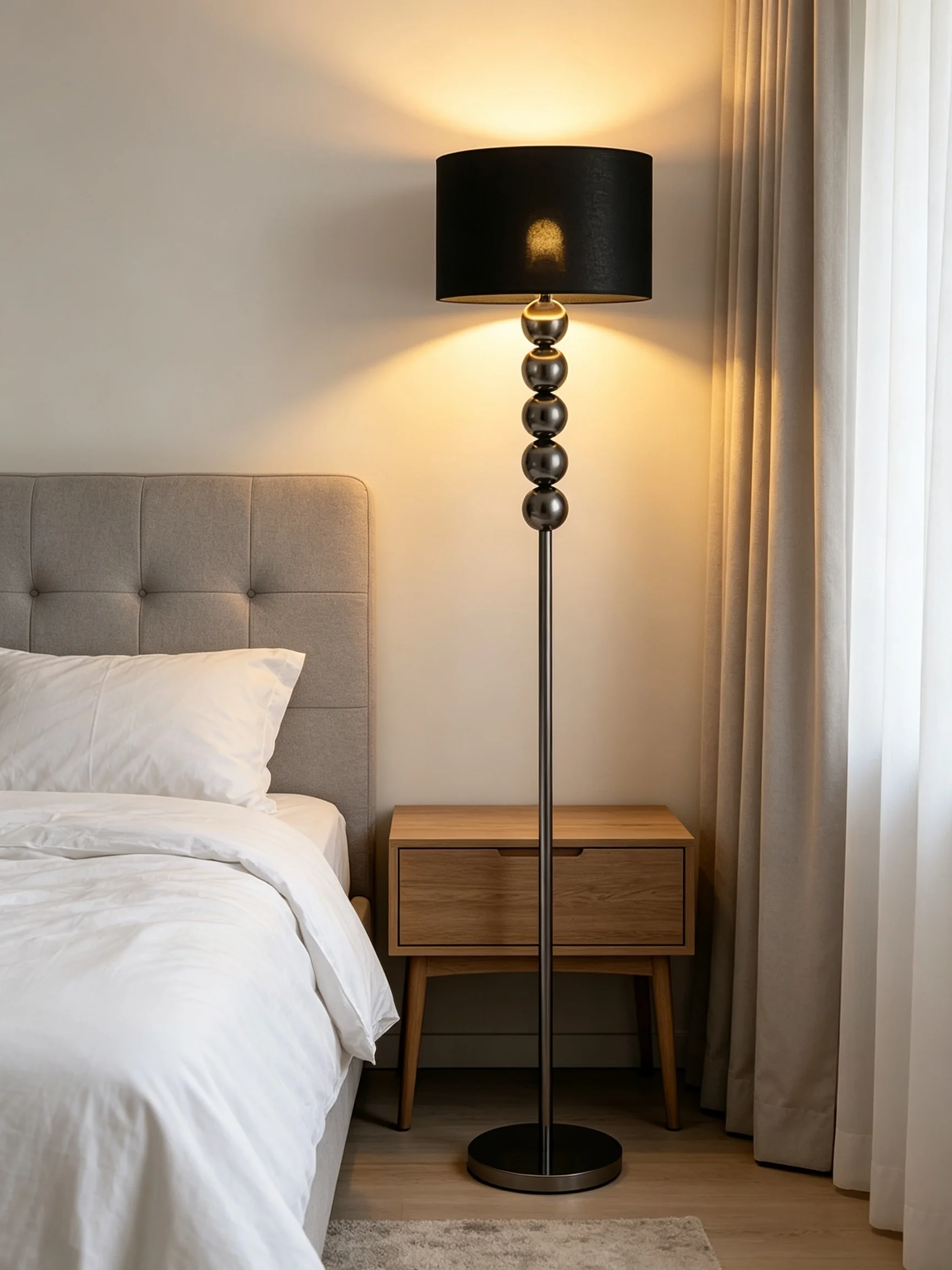 Modern Plated Black Fabric Floor Lamp Metal Bead Pole E27 Standing Light for Indoor Living Room Bedroom Decor 162cm Tall