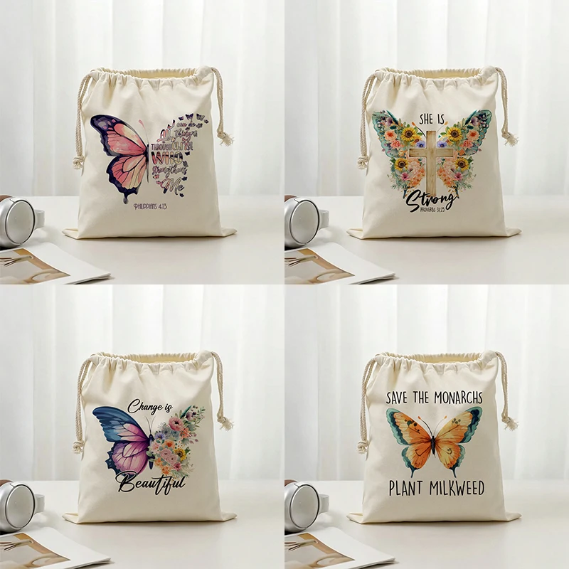 Personalized Butterflies Drawstring Bags Custom Names Watercolor Florals Cute Storage Gifts Travel Pouches for Women Girls Gifts