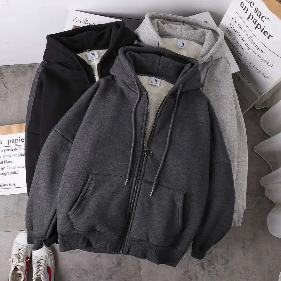 Velvet Thick Warm Winter Hoodies Coat Zipper Fleece Sweatshirt Tops Winter Plus Size Women Coat Plush Jackets Solid Color