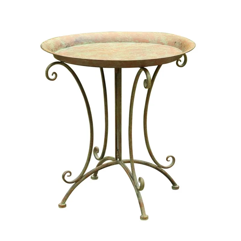 

Vintage Metal Garden Table Round Patio Bistro Table Rustic Green Wrought Iron Outdoor Plant Stand Balcony Yard Flower Display Ta