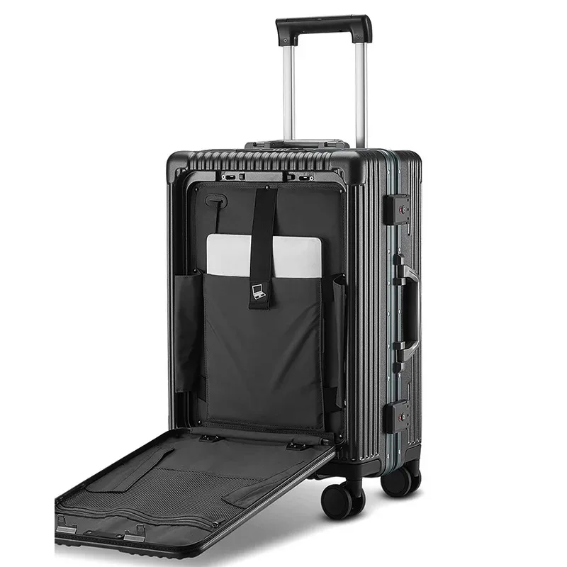 Aluminium Frame Bagage Instaptas Multifunctionele Voorkant Opening Reiskoffers Wachtwoord Trolley Case Met Telefoonhouder & Usb