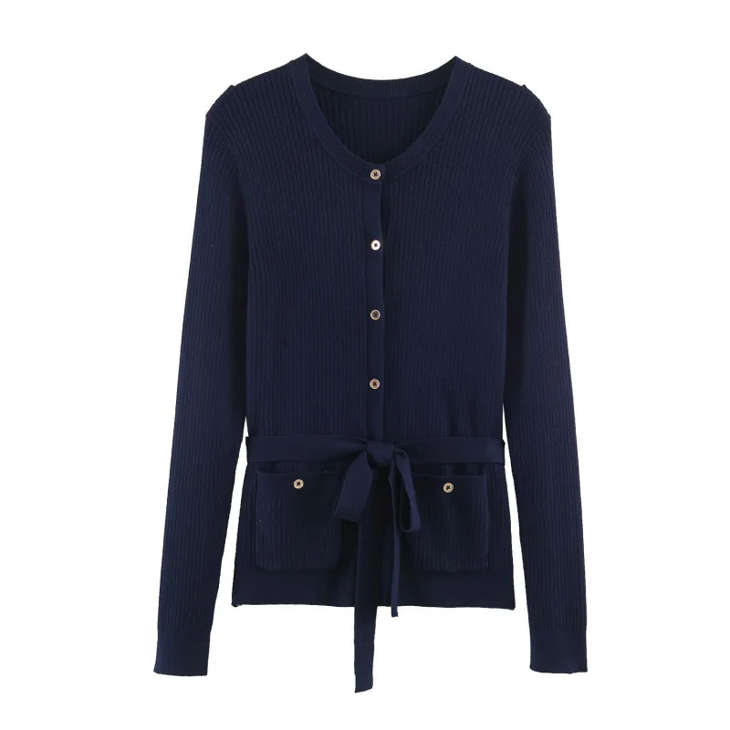 Tie Waist Round Neck Button Down Knitted Women's Long Sleeve Top Slim Fit Solid Color Soft Daily Commute Autumn Winter Cardigan