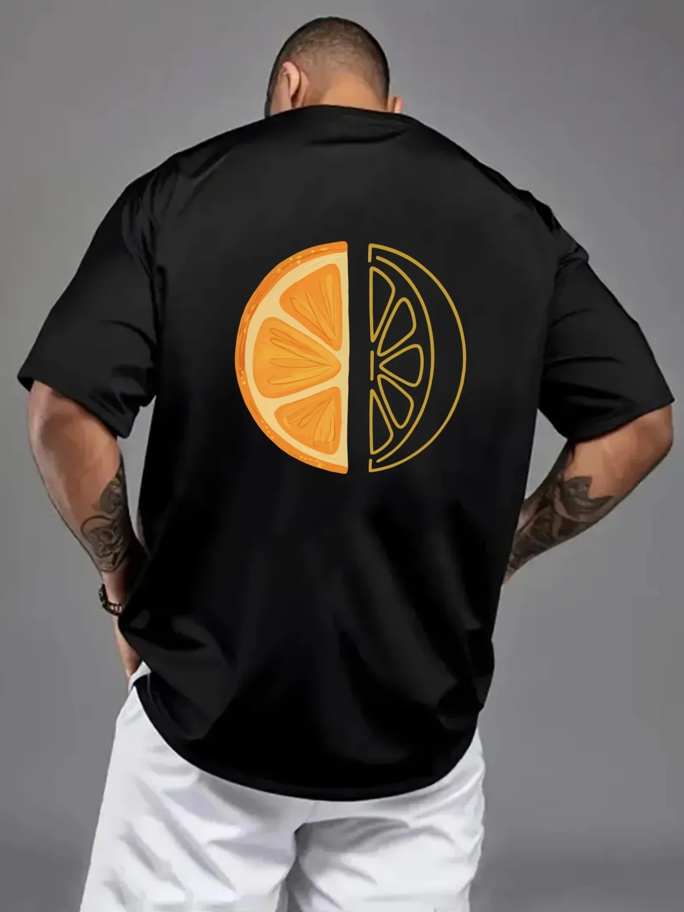 Orange Slice Fruit Graphic Men's Oversized T-Shirt Drop-Shoulder Casual Loose Cotton Tee