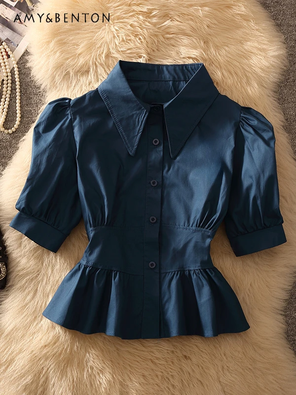 

Summer New Commute Style Fashion Polo Collar Puff Sleeve Slim Shirt Women All-Match Casual Ruffled Camisas Graceful Loose Blouse