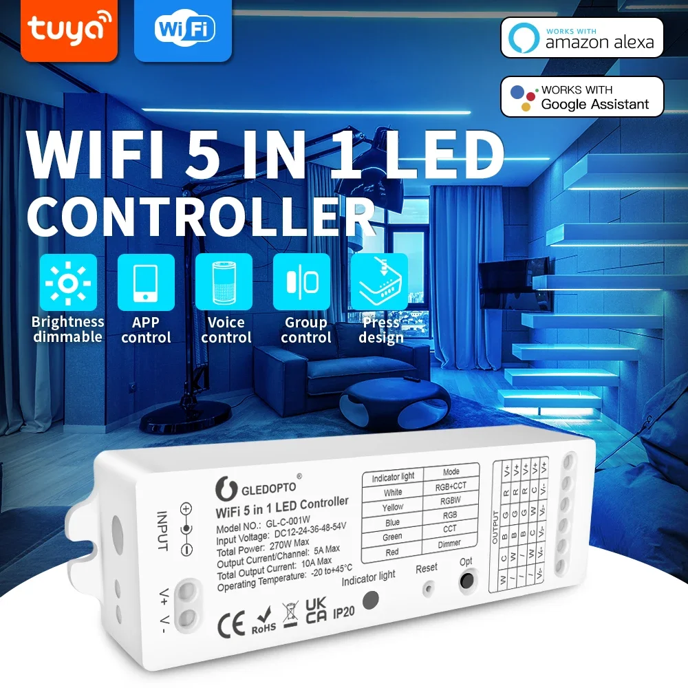 

Gledopto Yandex 5 in 1 WiFi LED Strip Controller RGB CCT Dim Work with Tuya Smart Life App Alexa Voice Control No Hub Require