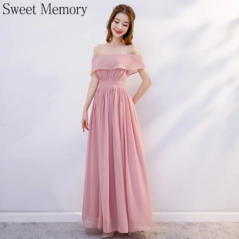 J185 Roze Chiffon Bruidsmeisje Jurken Lange Vestido Meisje Gewaad A-lijn Lace Up Prom Jassen Zomer Elegante Vrouwen Wedding Party Dress