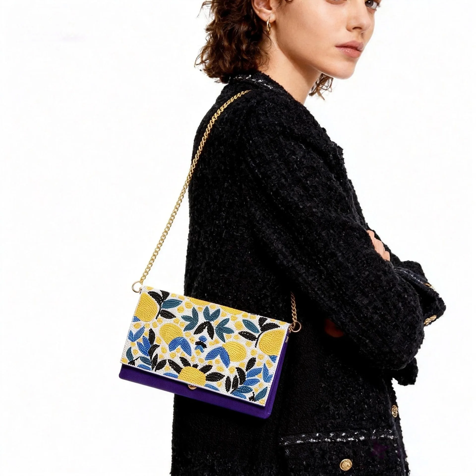 Indian Handmade Beaded 3D Handbag French Embroidery Crossbody Floral Handheld Bag Cotton Medium Size Magnetic Buckle Closure