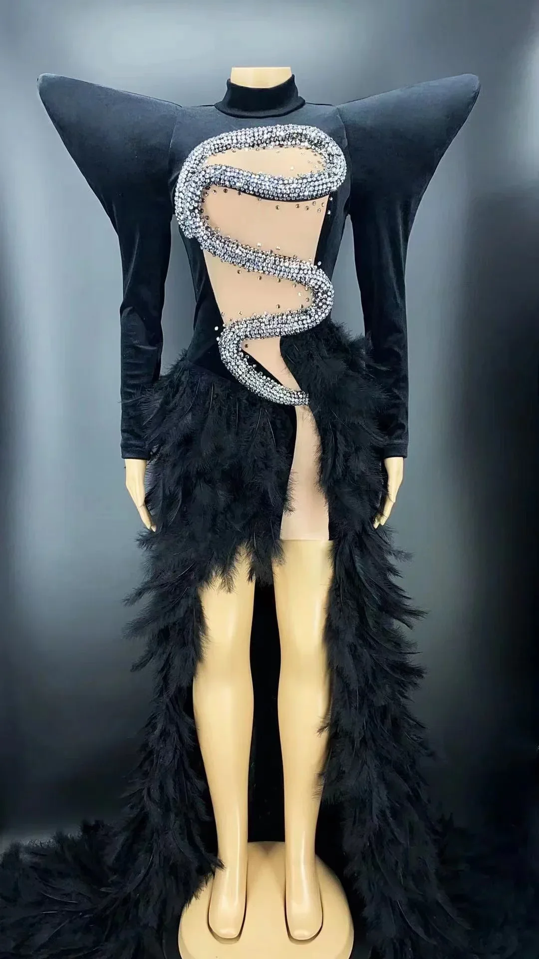 Vestido largo de terciopelo con cola de plumas y diamantes de imitación brillantes, vestido de noche para celebración de cumpleaños, vestido de fiesta para mujer, ropa para actuación en escenario