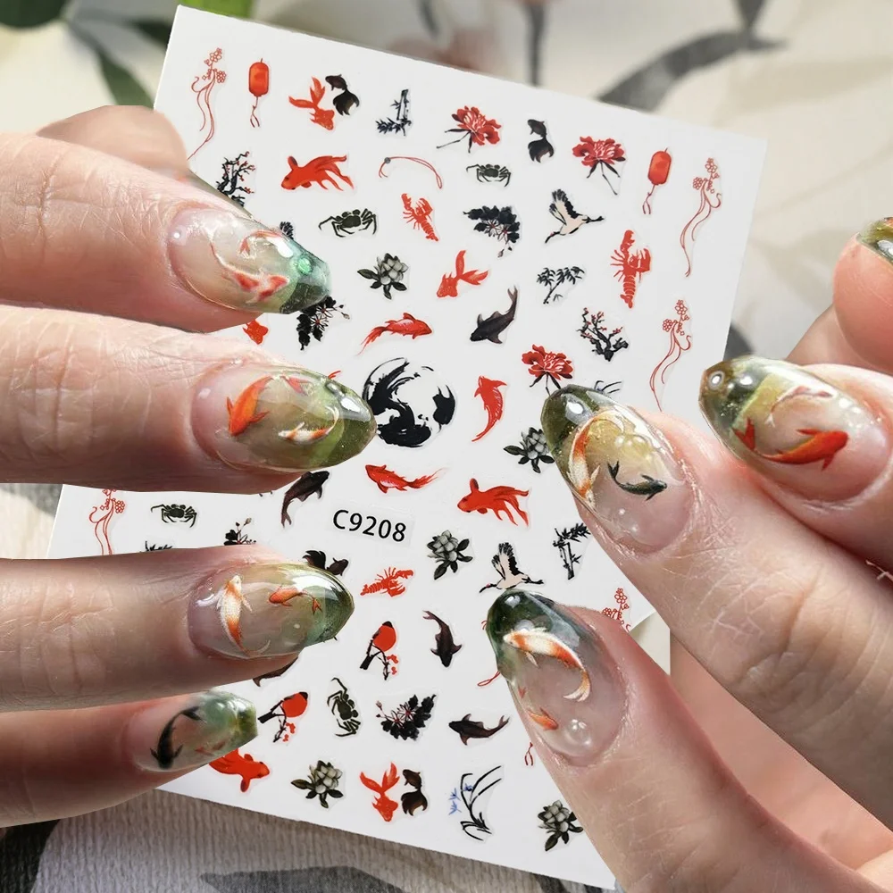 3D Lucky Koi Carp Nail Sticker Gold Fish Lotus Chinese Style New Year Adhesive Nail Design Scape Watercolor Manicure Foils Decal