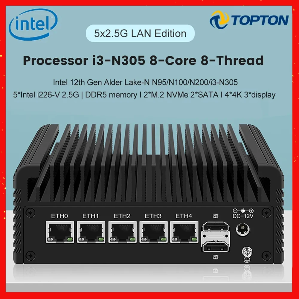 

5xi226-V Firewall Appliance 2.5G Router 12th Gen Intel i3 N305 N200 N100 DDR5 2*NVMe 2*SATA3.0 Fanless Mini PC ESXi Proxmox Host