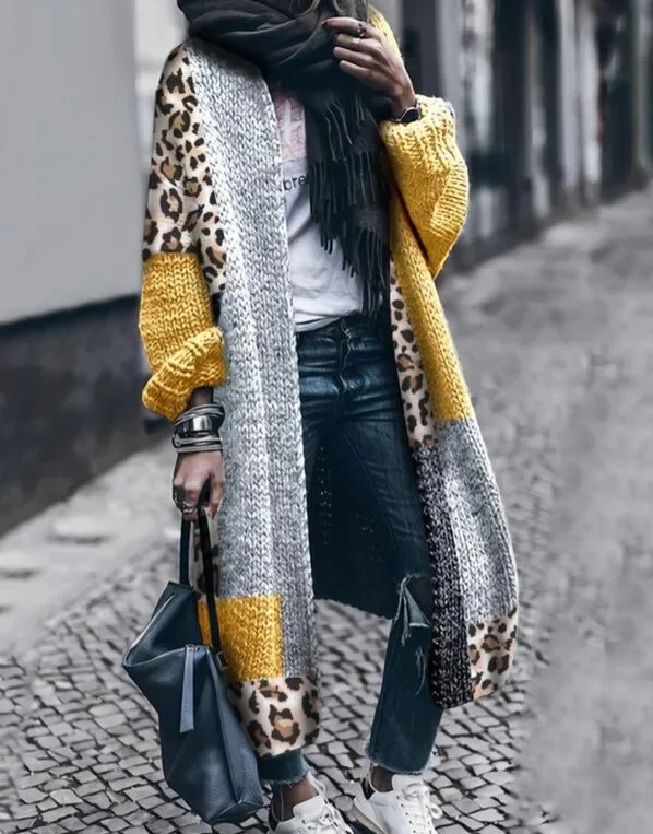 Women Sweaters Long Sleeve Turn Down Collar Print Jumpers High Street Cardigan Knitting Slight Strech Patchwork Loose Fit