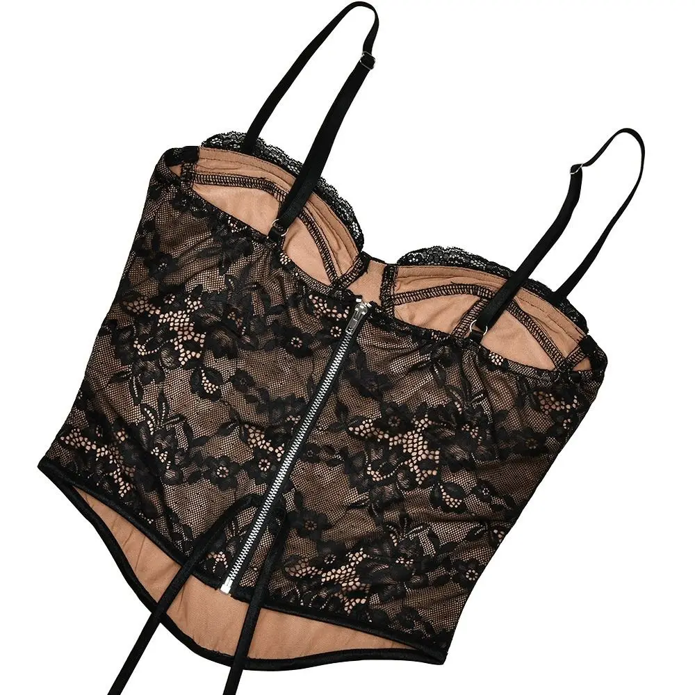 

Floral Print Lace Tops Fishbone Design Slim Fit See Through Tops Hollow Out Two Piece Sets Body Shirt Party Wear