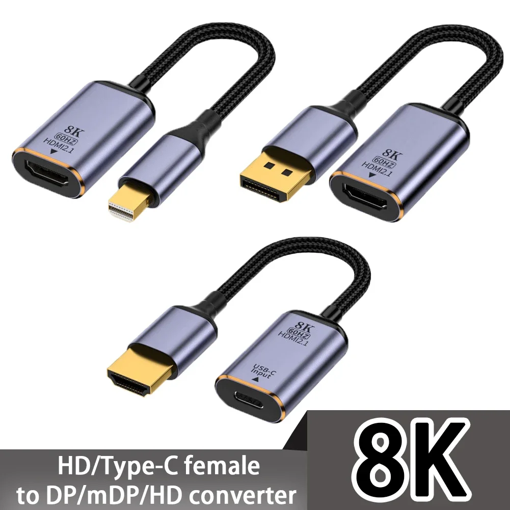 محول فيديو عالي الدقة 8k 60 هرتز USB من النوع C إلى HDMI متوافق 2.1/ Mini DP إلى HDMI2.1 محول فيديو لأجهزة الكمبيوتر المحمول MacBook Pro Huawei