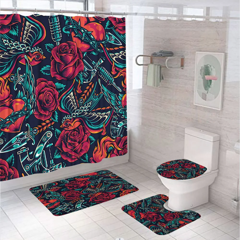 

Red Rose Abstract Art Shower Curtain Set For Bathroom Decor Bath Mat Toilet Lid Cover Carpet Rug Bird Floral Colorful Tub Screen