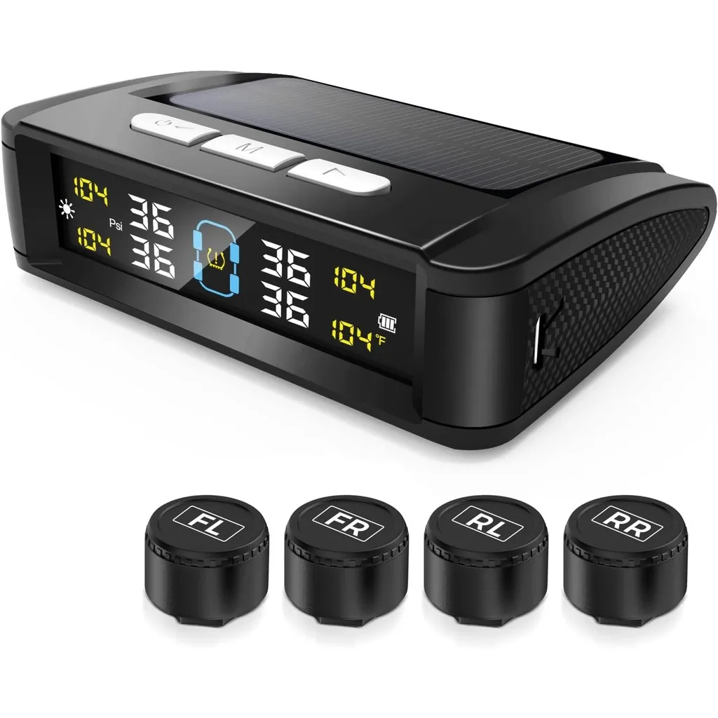 نظام مراقبة ضغط إطارات السيارة العالمي TPMS 4 أجهزة استشعار تعرض تحذير درجة حرارة ضغط الإطارات الذكي بالطاقة الشمسية