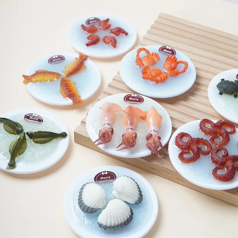 Mini Seafood Sashimi Plate Model PVC Realistic Clam Squid Octopus Ice Seafood Scene Decoration Miniature Food Accessory