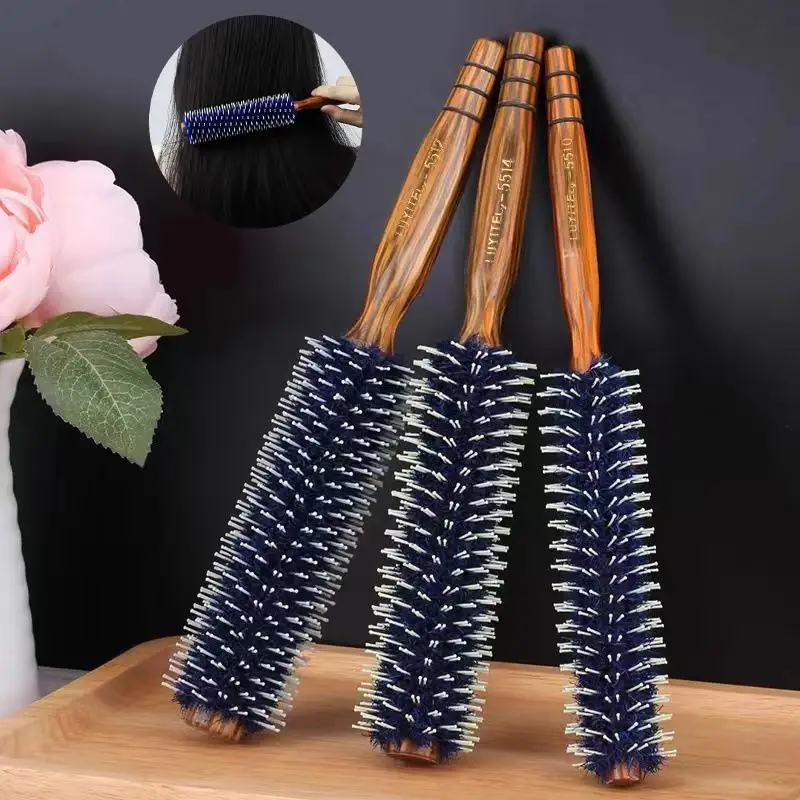 Anti Static Wood Natural Boar Bristle Hair Round Brush Barber Salon Hairdresser Styling Tool Teasing Brush For Hair Curly Comb