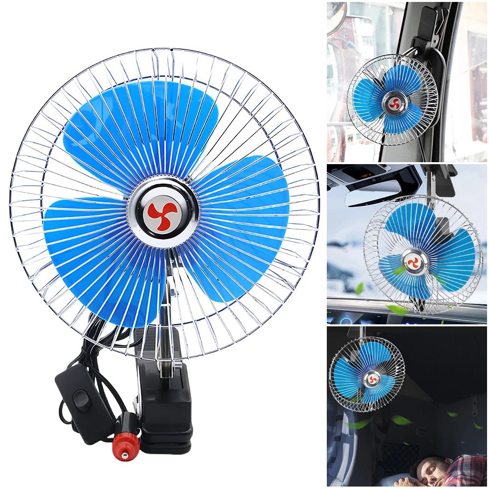 Adjustable 12V 24V Oscillating Car Fan with Metal Guard Portable Cooling Solution for Vehicles and Trucks