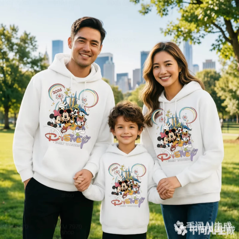 2026 Summer Loose Parent-child sweatshirt Cute Cartoon Mouse Print Short Sleeve hoodie Breathable Casual Tops for Family