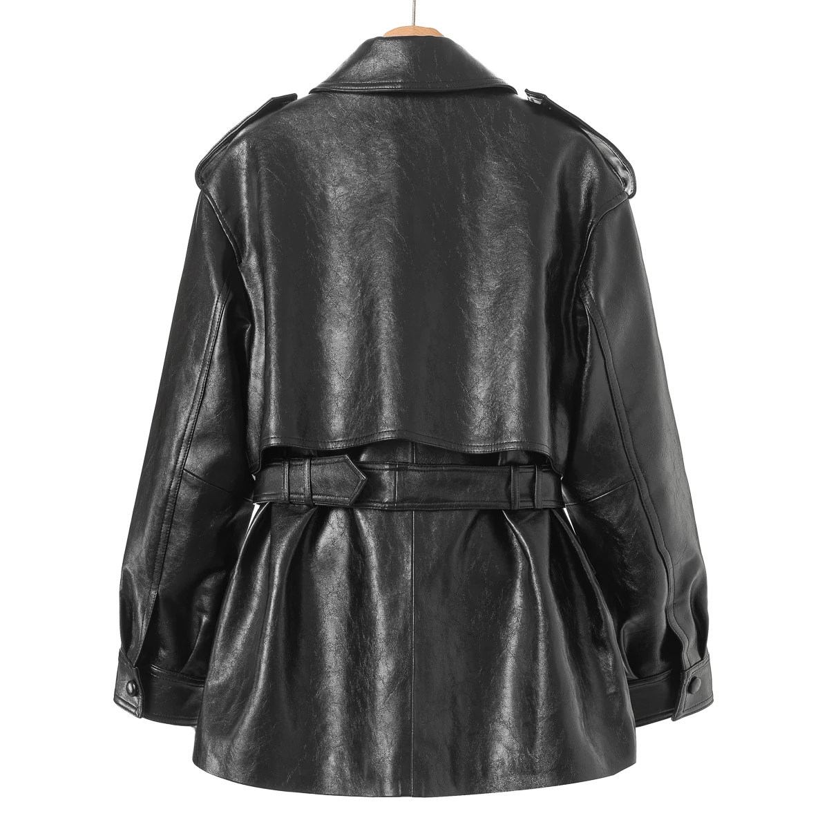 Sheep Leather Jacket Autumn Style Belted Buttoned 3D Square Bag Slim Fit Coat Long Sleeve mid Length Commute Style Pure Color