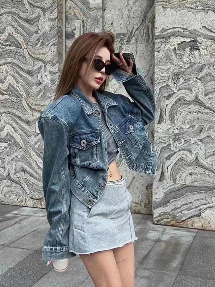 Short Denim Jackets Women's Early Autumn New 2024 Design Casual Irregular Shoulder Pad Jacket Top Female Clothing